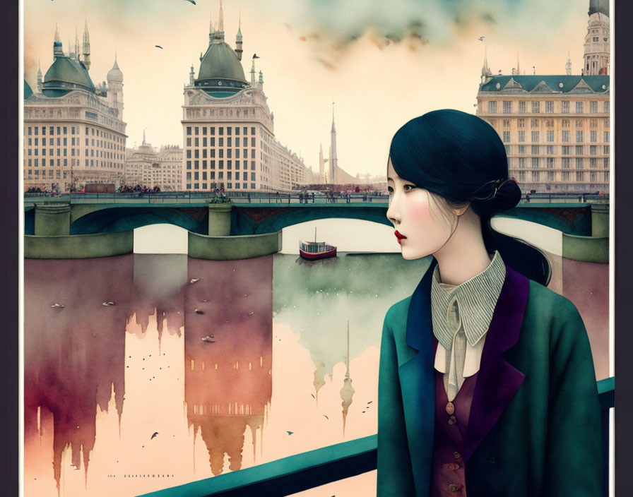 Stylized woman, reflective river, boat, and classical architecture in serene setting