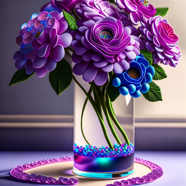 Stylized purple paper flowers in clear vase on soft purple backdrop