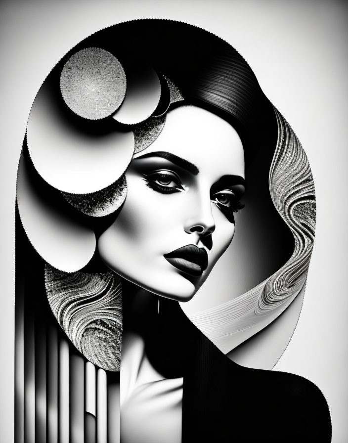 Monochromatic abstract portrait of a woman with geometric hair and makeup.