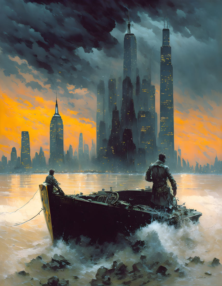 Dystopian cityscape at sunset with boat and skyscrapers in choppy waters