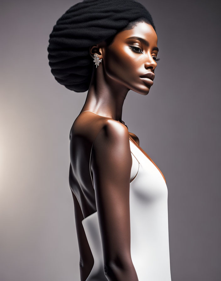 Profile of woman in tall head wrap, white tank top, elegant earring on gray background