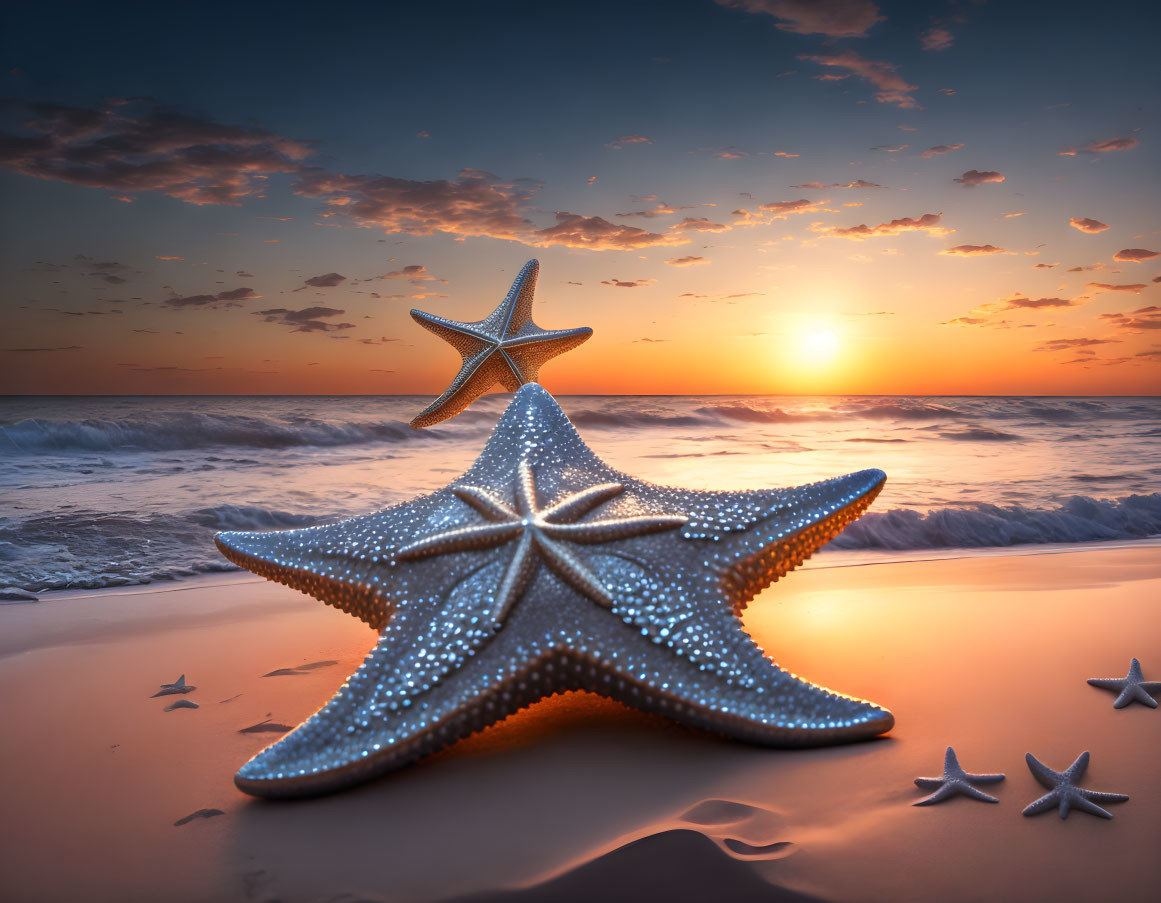 Starfish on sandy beach with smaller ones at sunset ocean backdrop