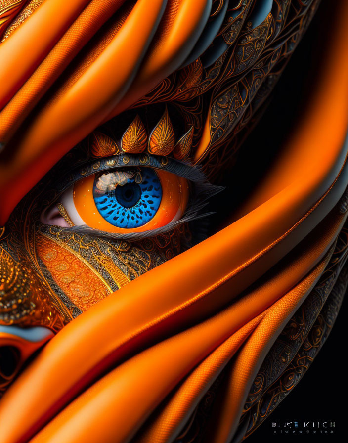 Eye peeking through ornate orange drapery with blue iris