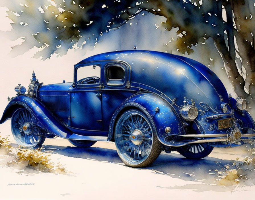 Vintage Blue Car with Sparkling Details in Snowy Trees Watercolor Illustration