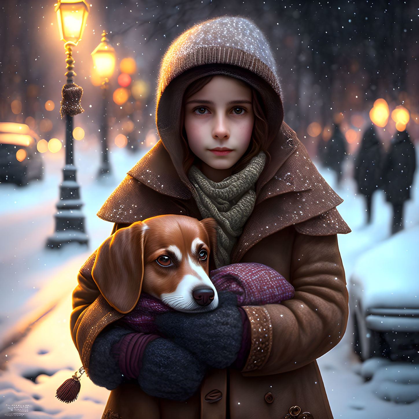 Child in Winter Clothing Holding Dog in Snowy Evening Scene