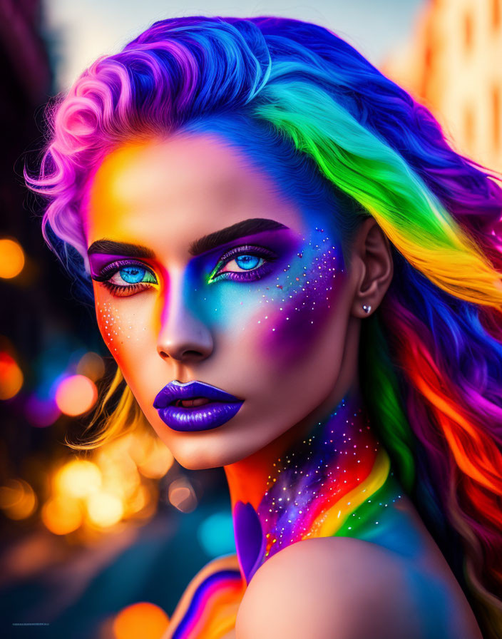 Portrait of person with vibrant rainbow hair and blue lipstick against urban backdrop