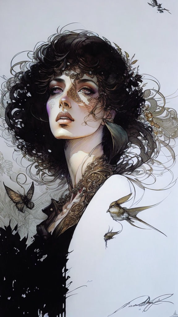 Illustration: Woman with curly hair, facial tattoo, adorned in dark garment with birds and butterflies.