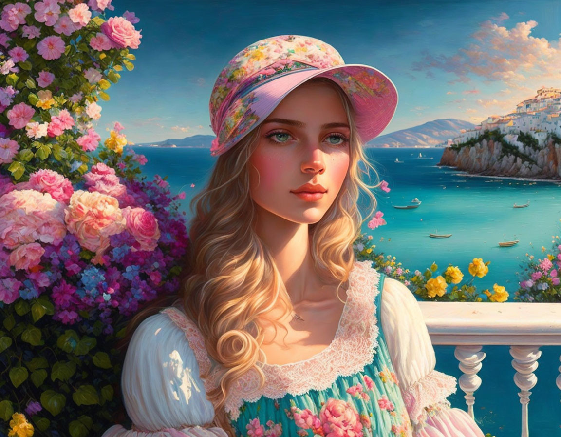 Young woman in floral hat and vintage dress by balustrade overlooking serene sea and coastal town.