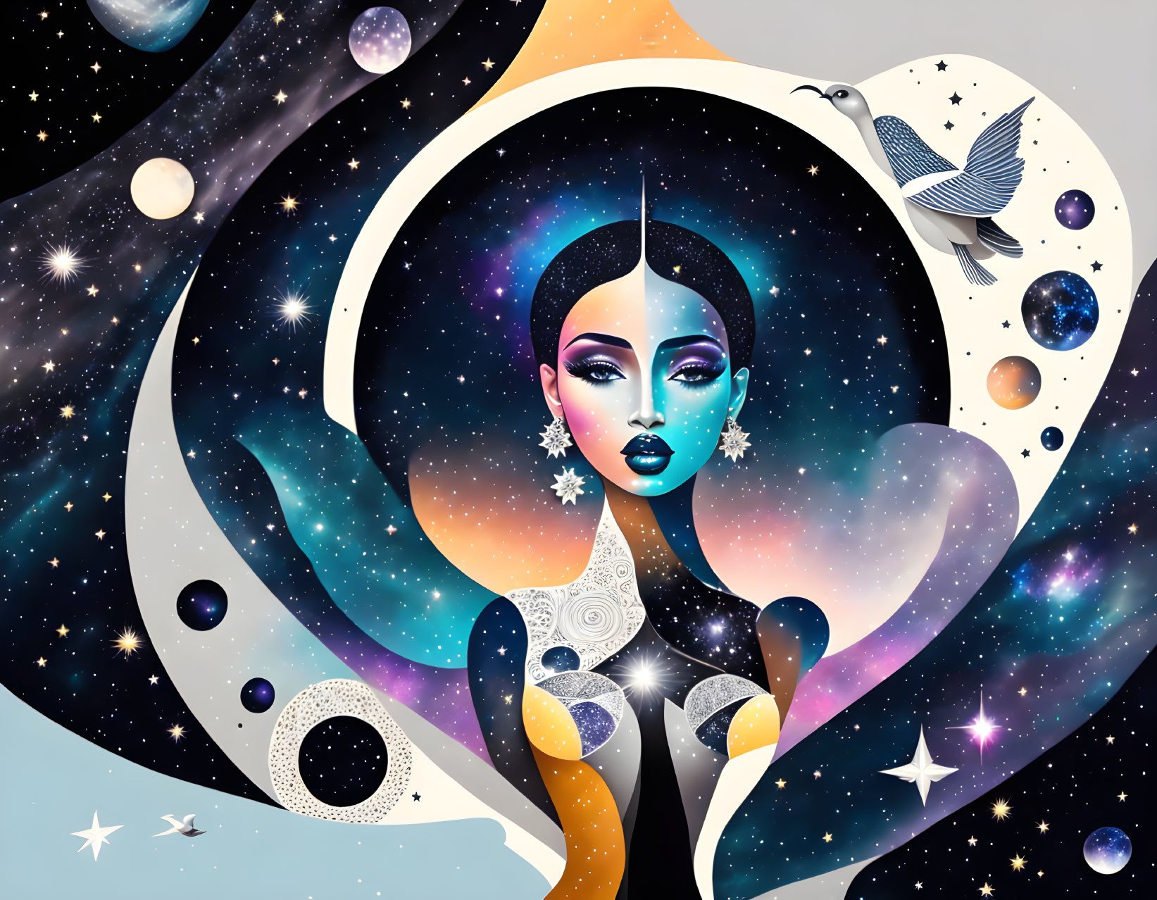 Cosmic-themed woman illustration with celestial elements and vibrant colors