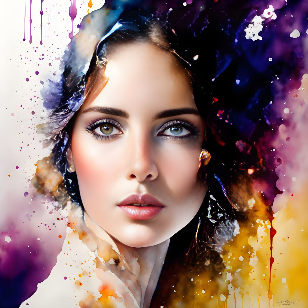 Vibrant digital artwork of woman's face with abstract watercolor splashes