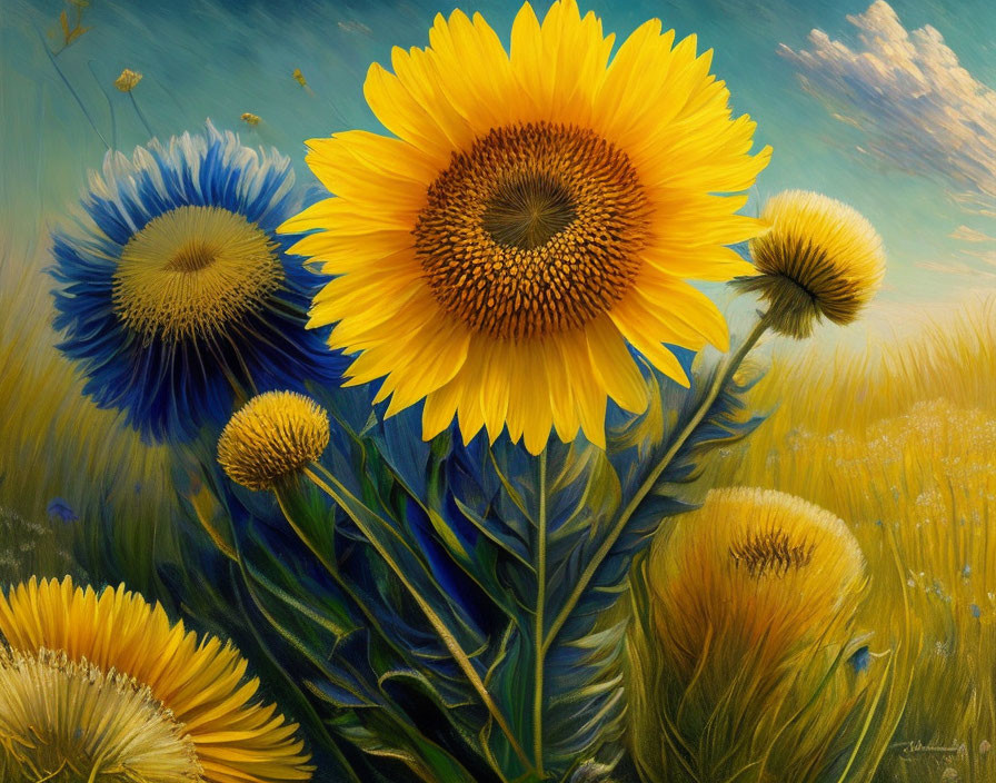 Sunflower painting with vibrant blooms on blue sky