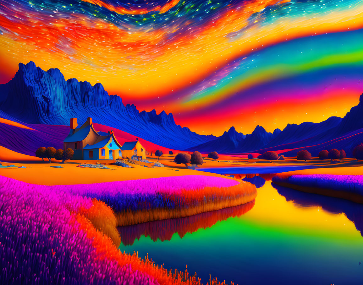 Colorful Northern Lights Over Lavender Fields and Mountains