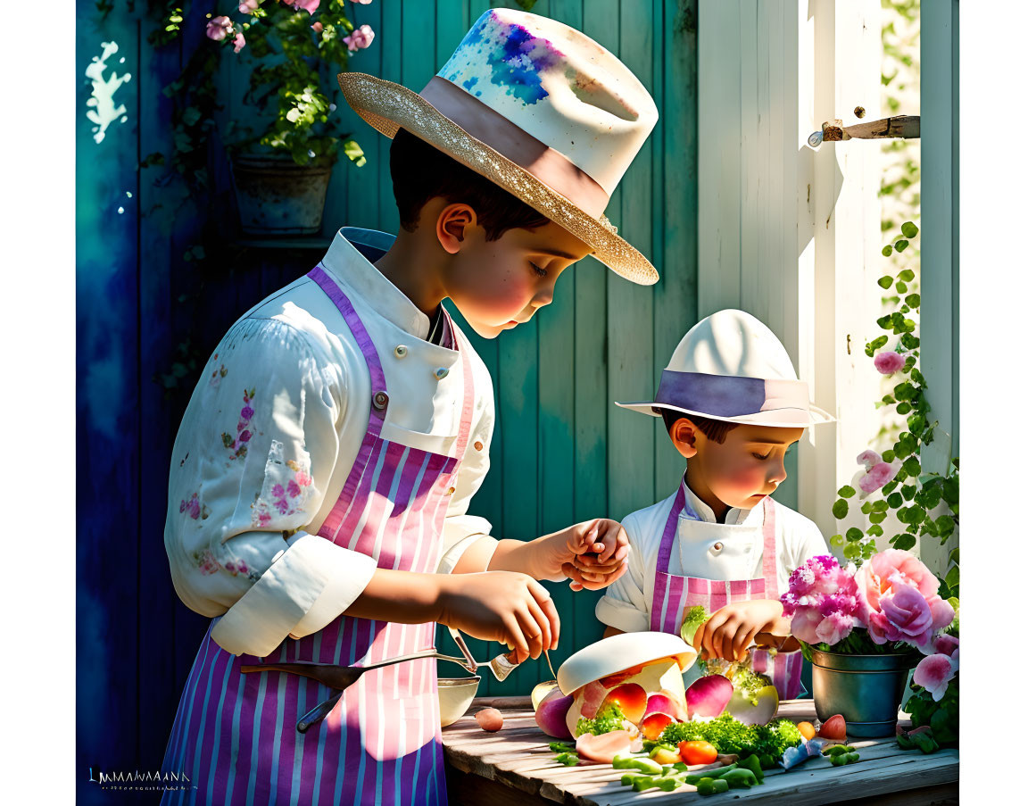 Children in chef outfits preparing food outdoors with flowers and greenery.