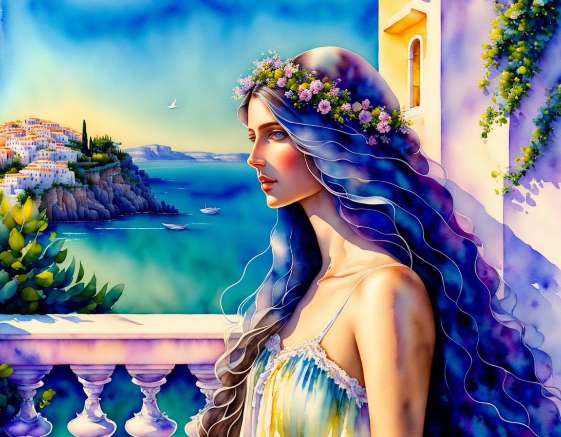 Digital painting: Woman with floral wreath, wavy hair, Mediterranean village.