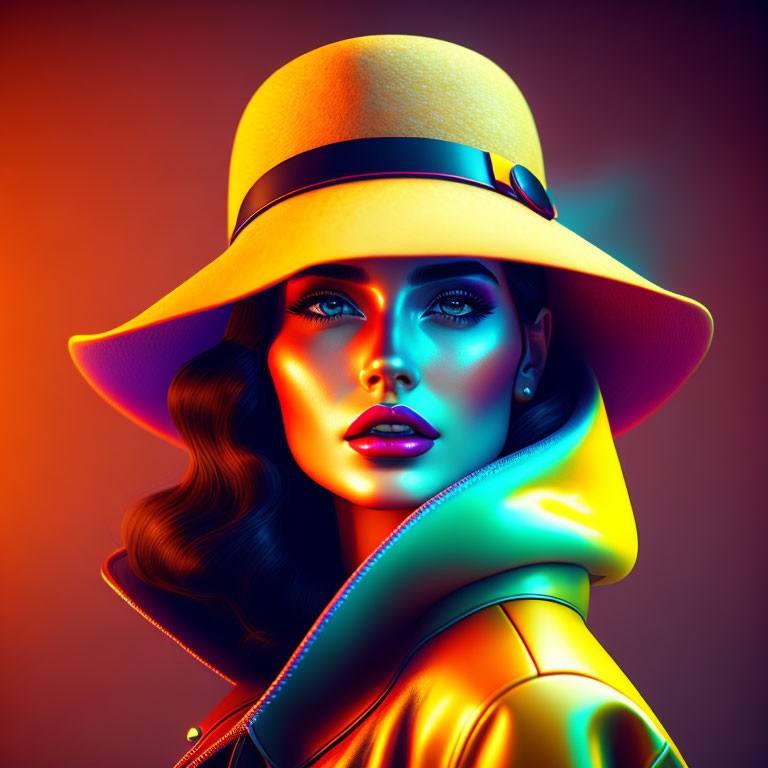 Colorful portrait of woman with wavy hair and wide-brimmed hat under neon lights