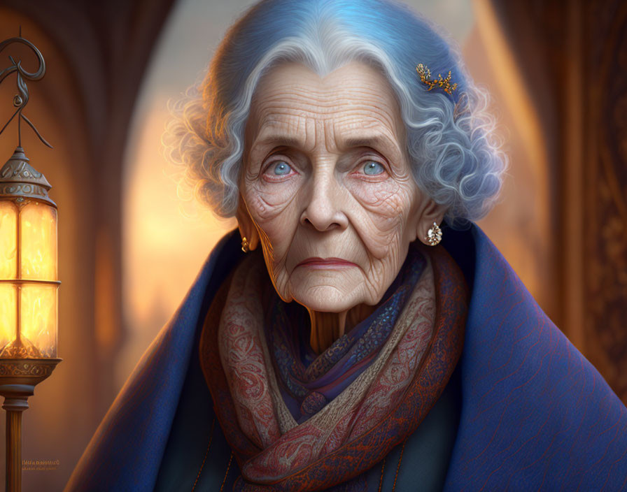 Elderly woman with blue eyes and white hair in royal blue shawl near lantern