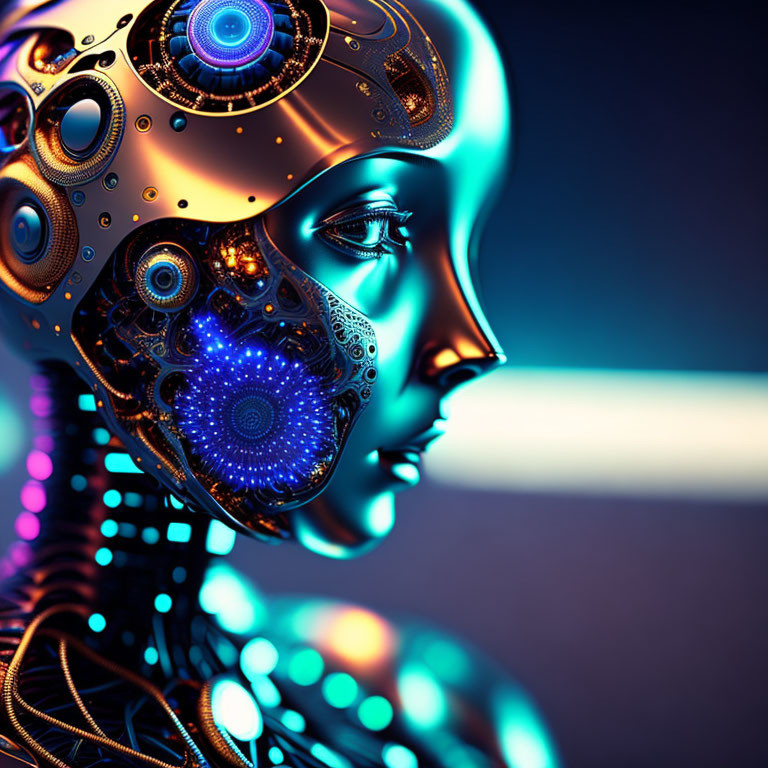 Detailed Digital Artwork of Humanoid Robot with Golden Gears