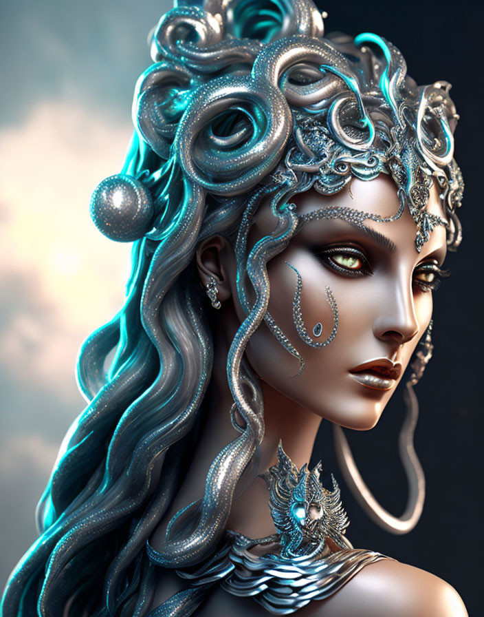 Detailed 3D illustration of woman with silver and turquoise jewelry, ornate headdress, green eyes