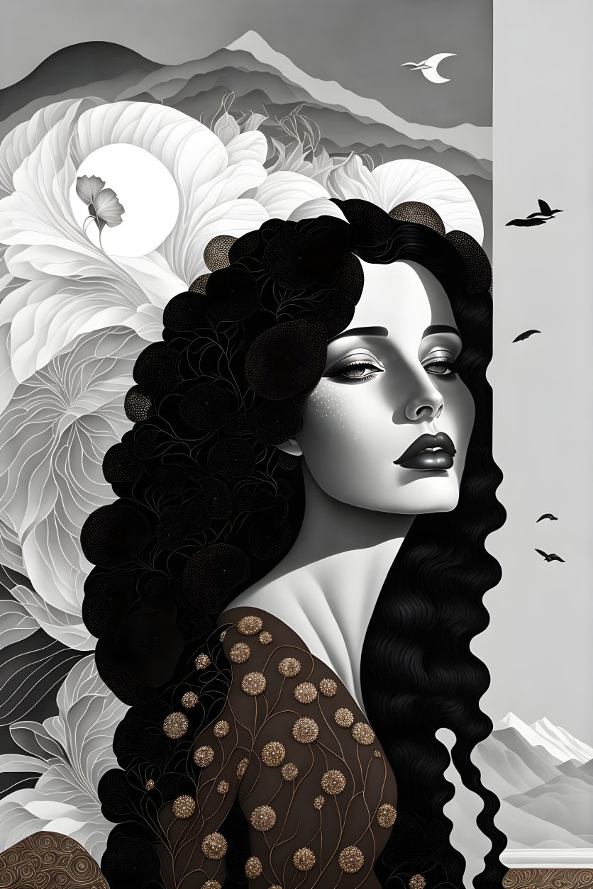 Monochromatic illustration of woman with dark hair and flowers, white blooms, mountains, and birds