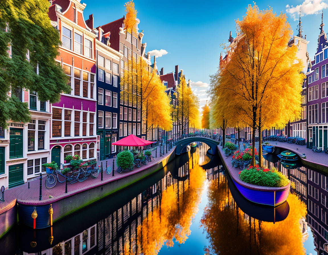 Scenic Amsterdam canal with autumn trees and traditional buildings