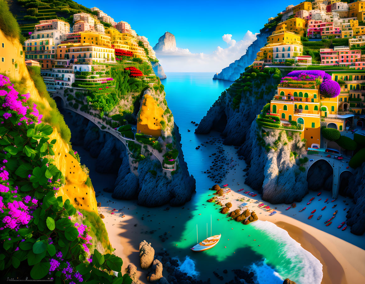 Colorful coastal village on cliffs with lush greenery, beach, boat, and distant rock formation.