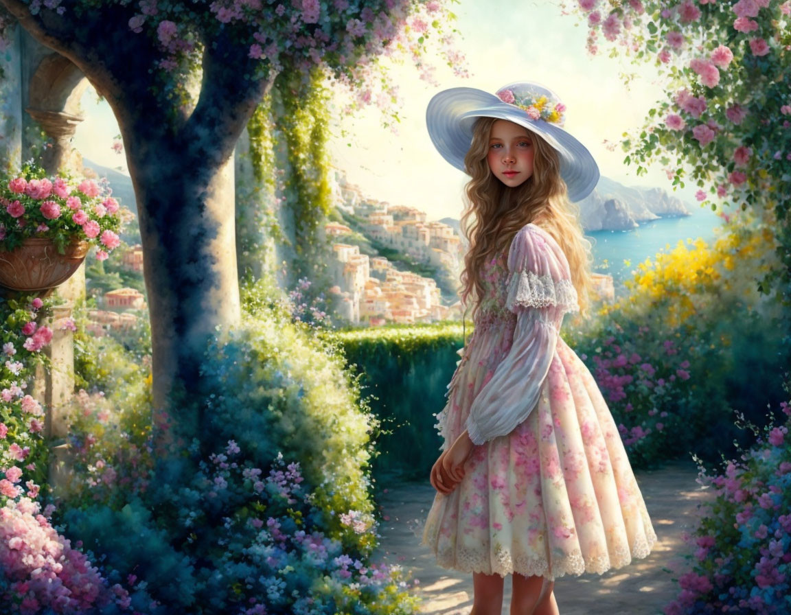 Young girl in vintage pink dress and hat in lush garden with blooming flowers and coastal town view