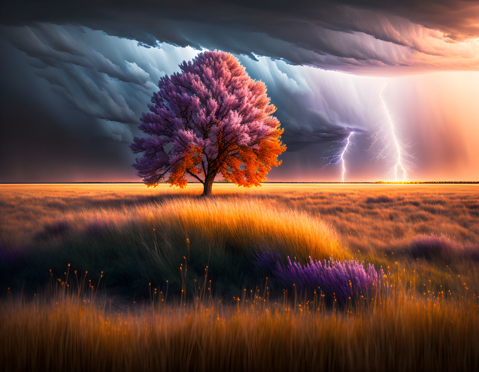 Lone vibrant tree in field under stormy sky with lightning