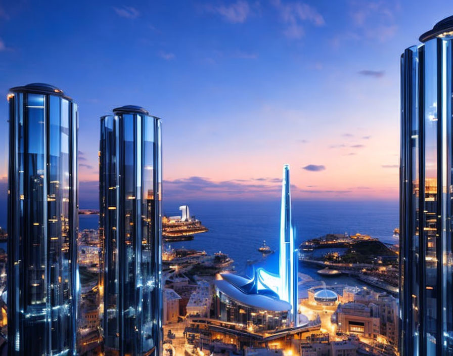 Dusk city skyline with illuminated skyscrapers, monument, and coastal view.