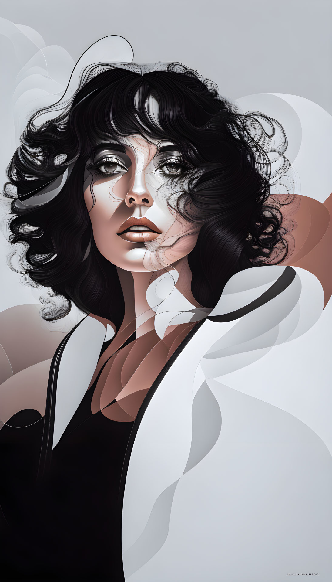 Illustration of woman with black hair and expressive eyes against abstract cream background