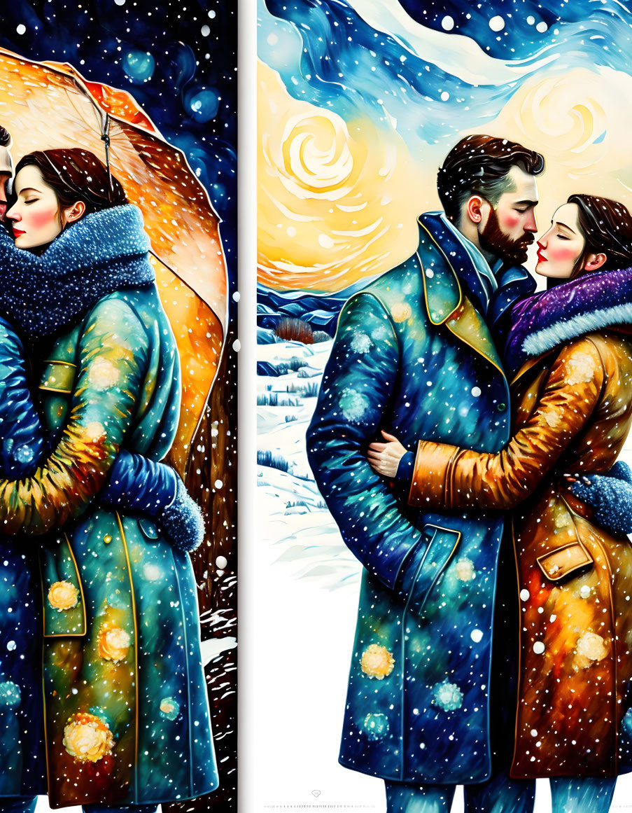 Colorful Winter Scene: Embracing Couple with Swirling Sky