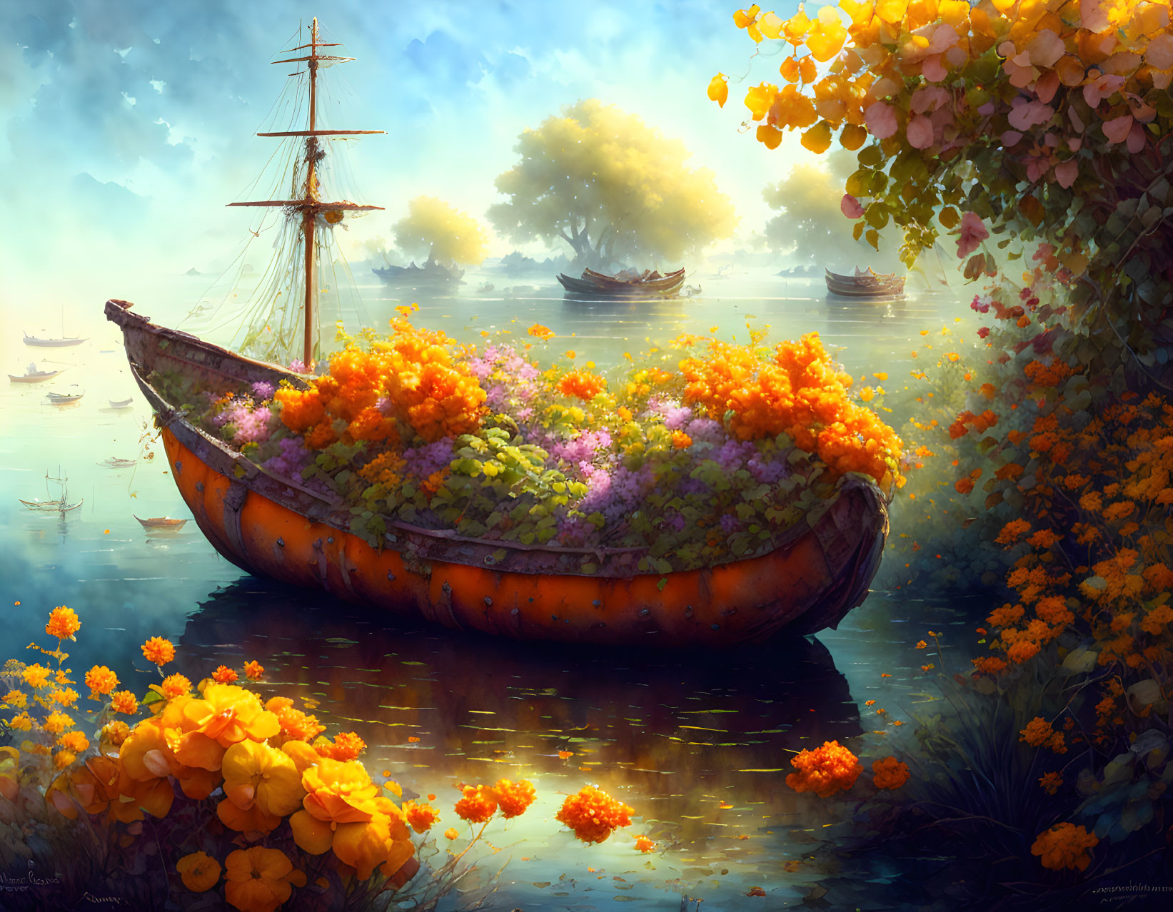 Old boat filled with vibrant flowers on calm water with sailboats and blossoms in misty background