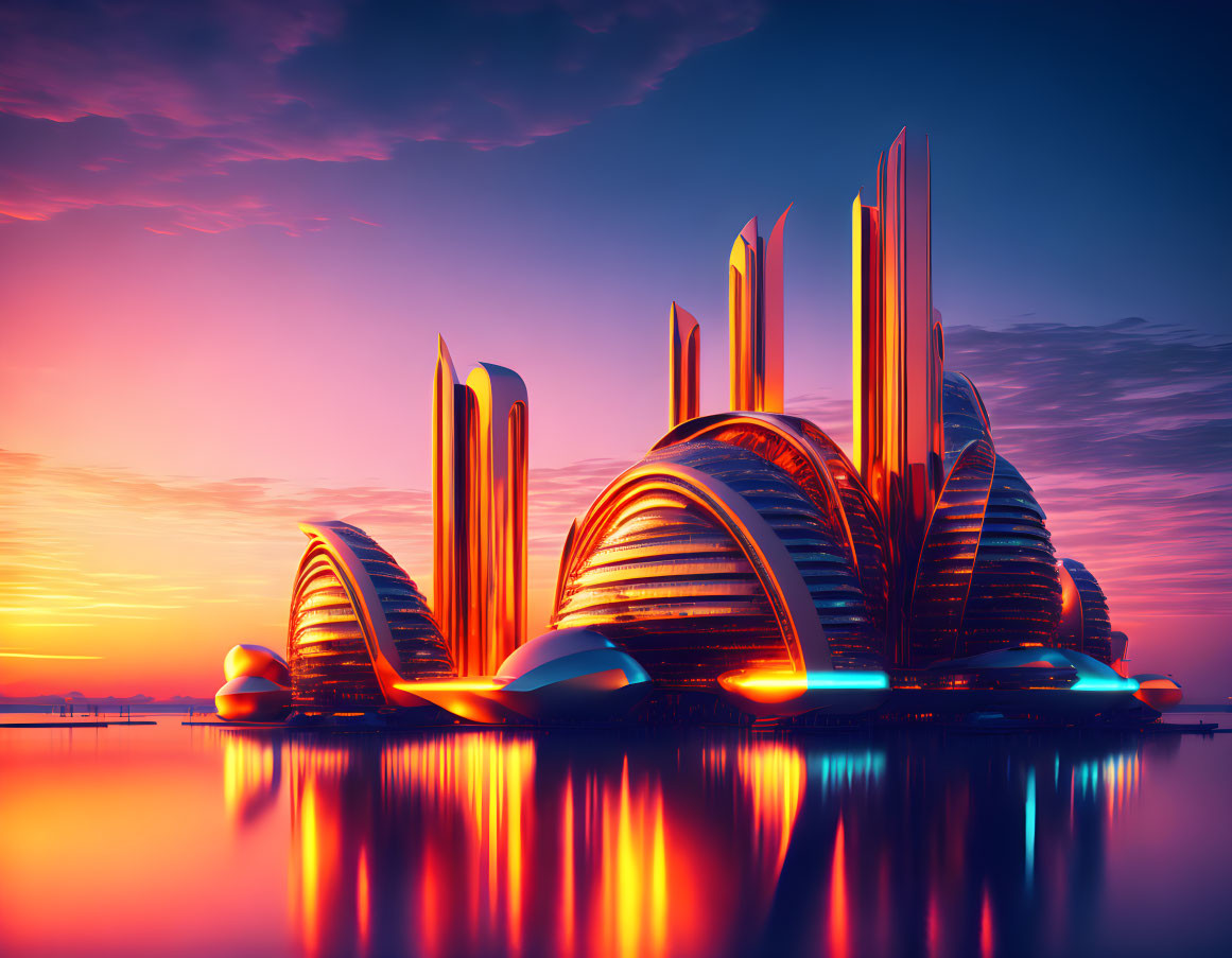 Futuristic cityscape with curved buildings reflecting in water at sunset