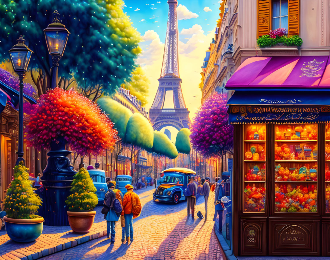 Vibrant Parisian street painting with Eiffel Tower, trees, shops, and people