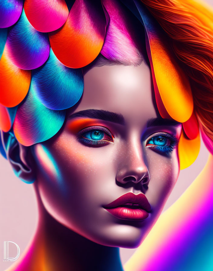 Colorful digital portrait of woman with petal-like hair and bold makeup on neon gradient backdrop