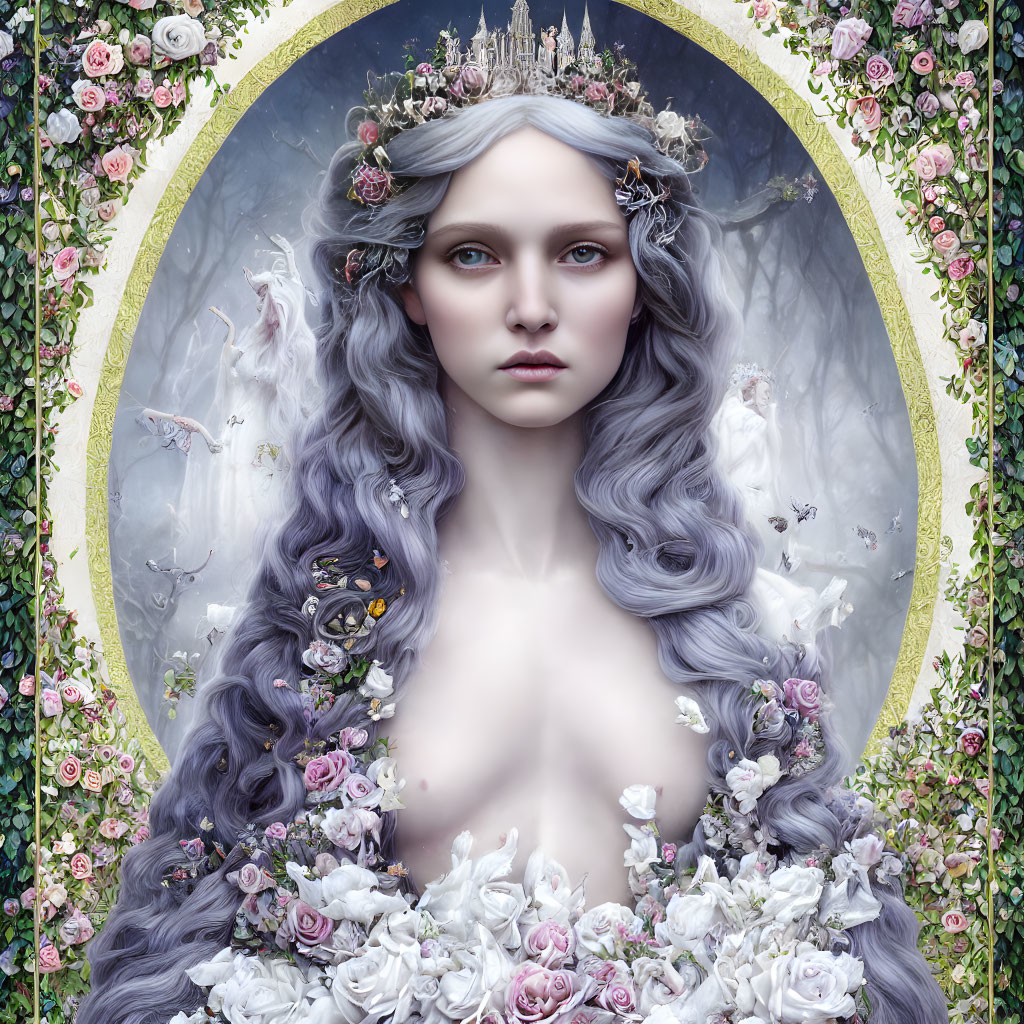 Portrait of Woman with Lavender Hair and Floral Adornments