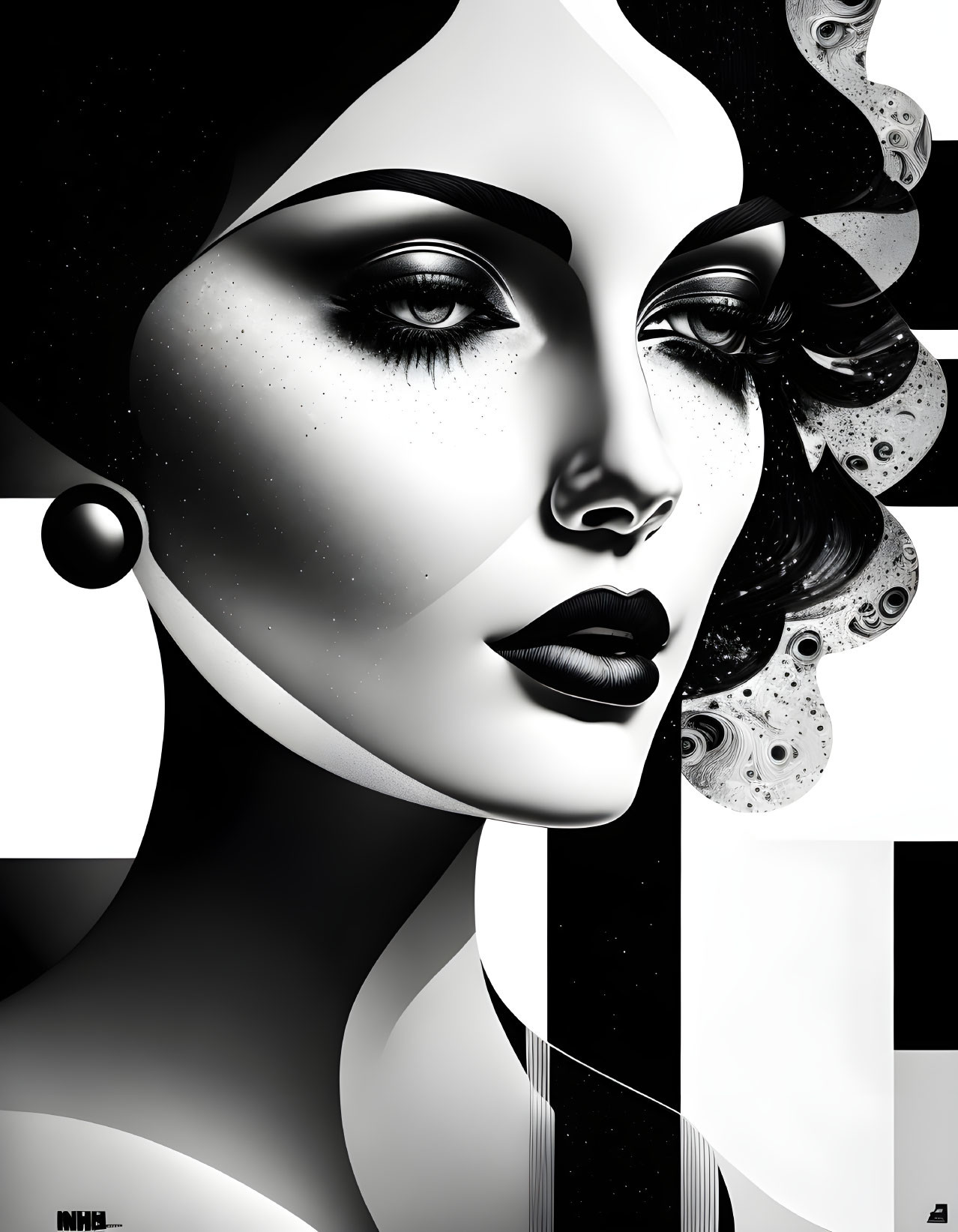 Stylized woman in monochrome digital art