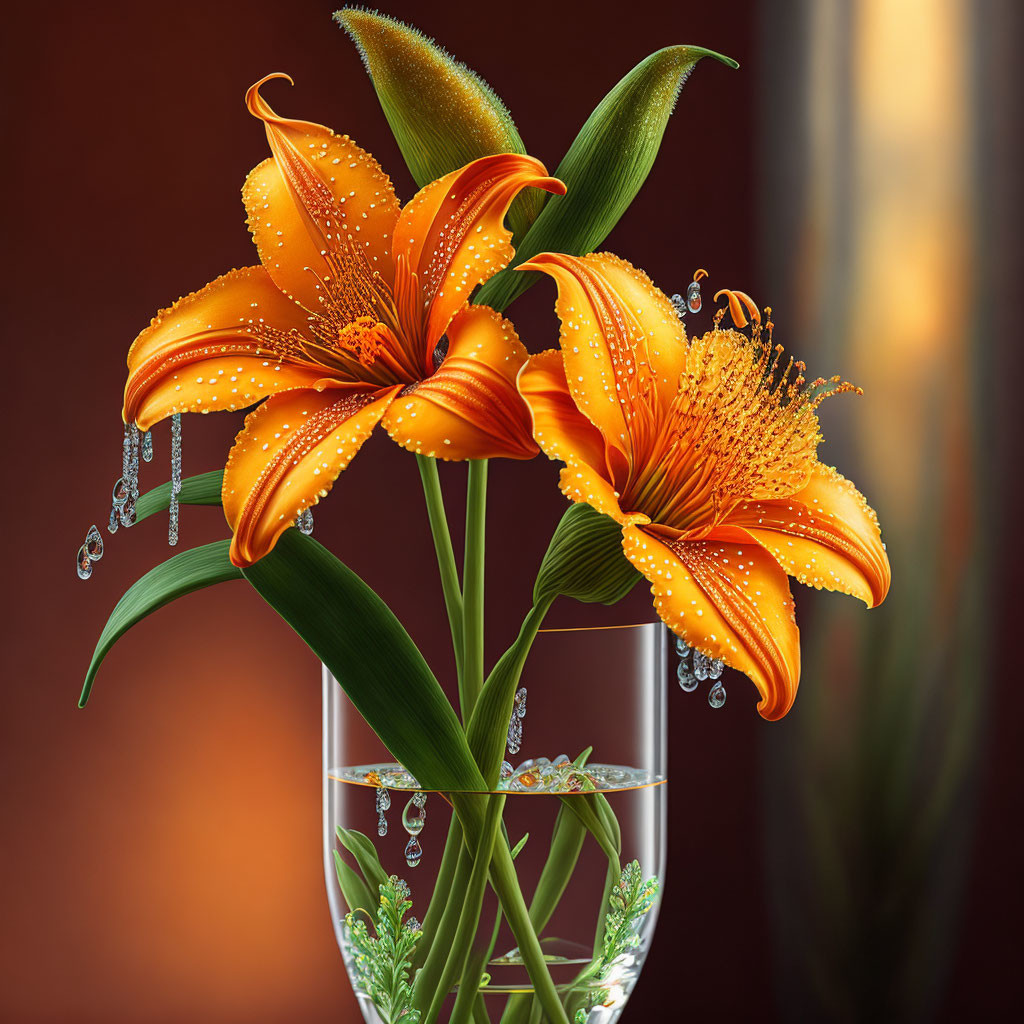 Vibrant orange lilies with droplets in glass vase on brown background