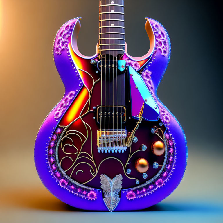 Colorful Purple Guitar with Gold Designs and Butterfly Motif