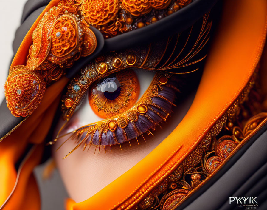 Detailed digital artwork of stylized eye with orange and gold jewelry & black fabric