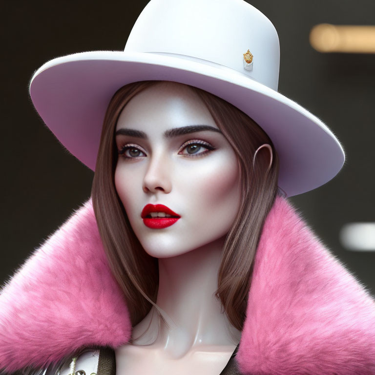 Digital Portrait of Woman in White Hat and Pink Fur Coat