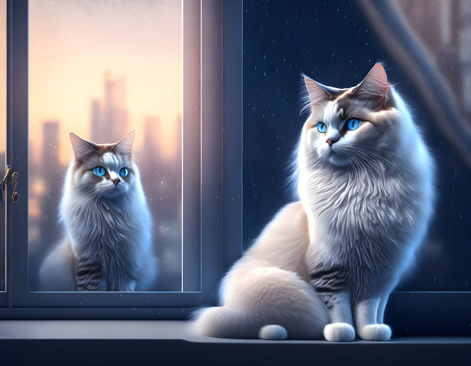 Fluffy cats with blue eyes by window at dusk with city skyline and falling snowflakes