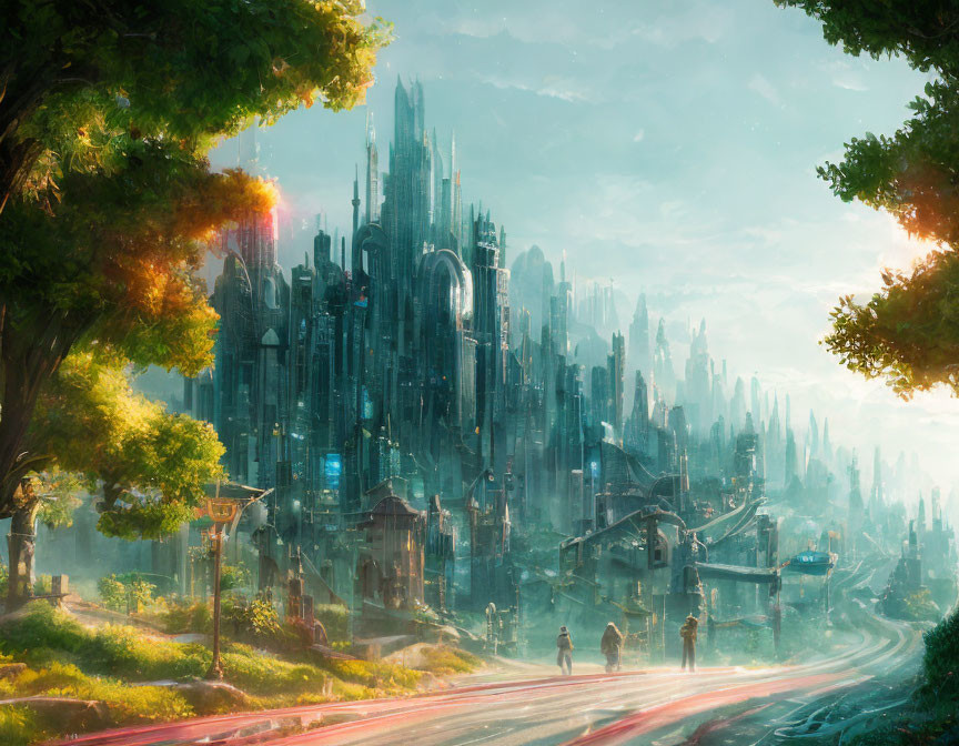 Futuristic cityscape with towering spires in lush sunset landscape