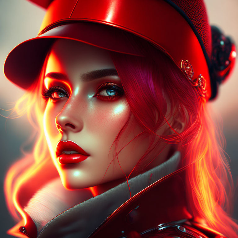 Stylized portrait of a woman with red hair and blue eyes in red hat and jacket