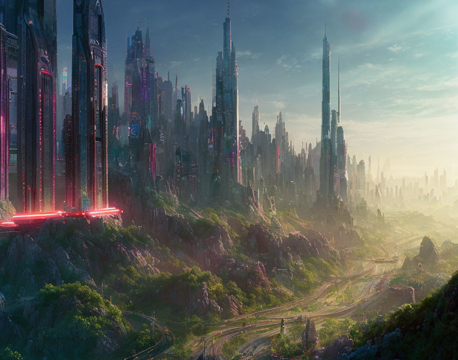 Futuristic cityscape with skyscrapers, neon lights, greenery, mountains, and h