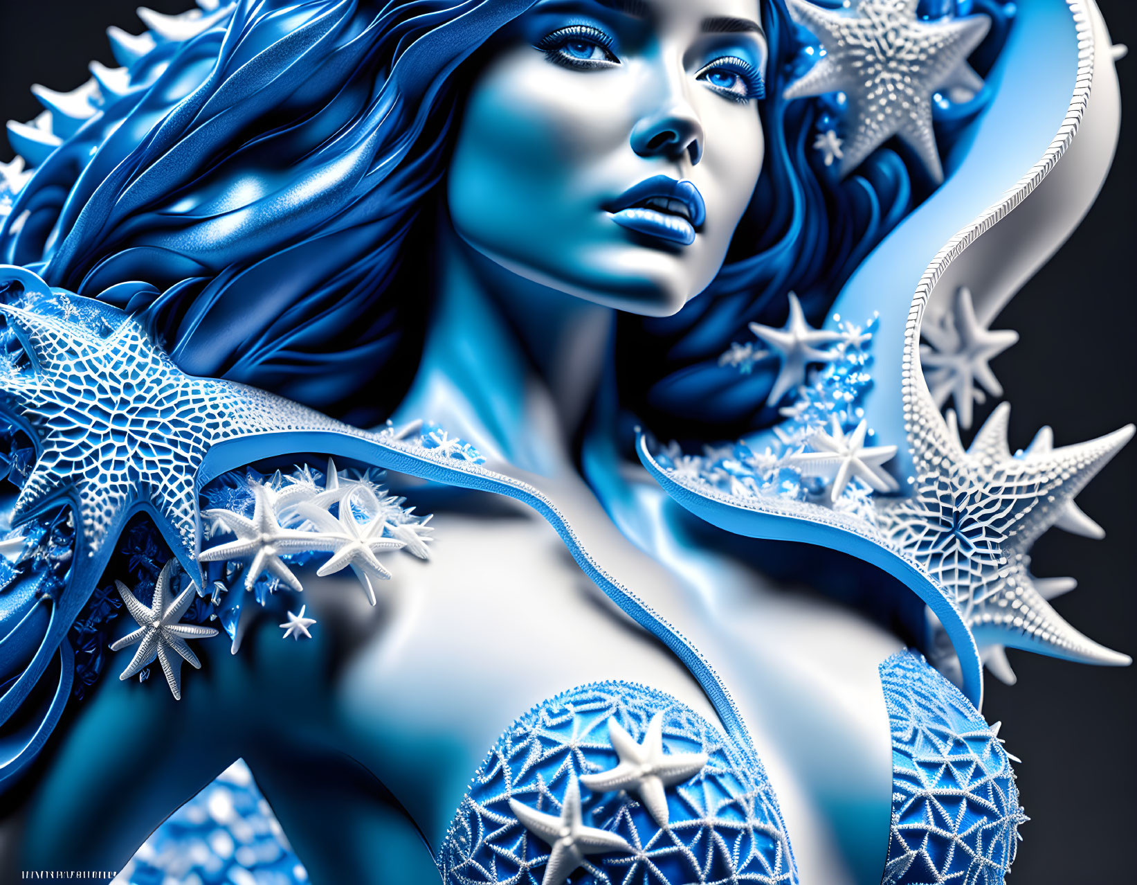 Blue-toned female figure with snowflake and star patterns in digital art