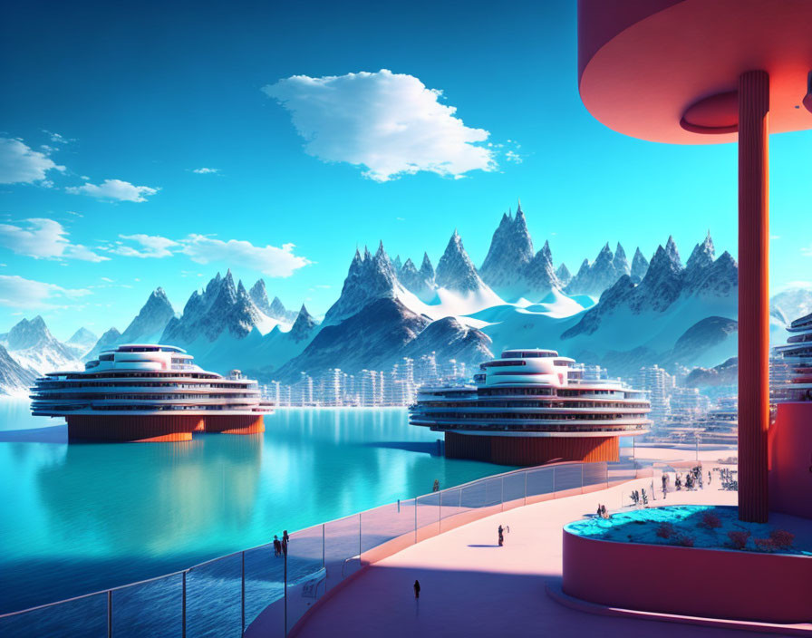 Futuristic coastal cityscape with mountains, advanced architecture, and people on promenade