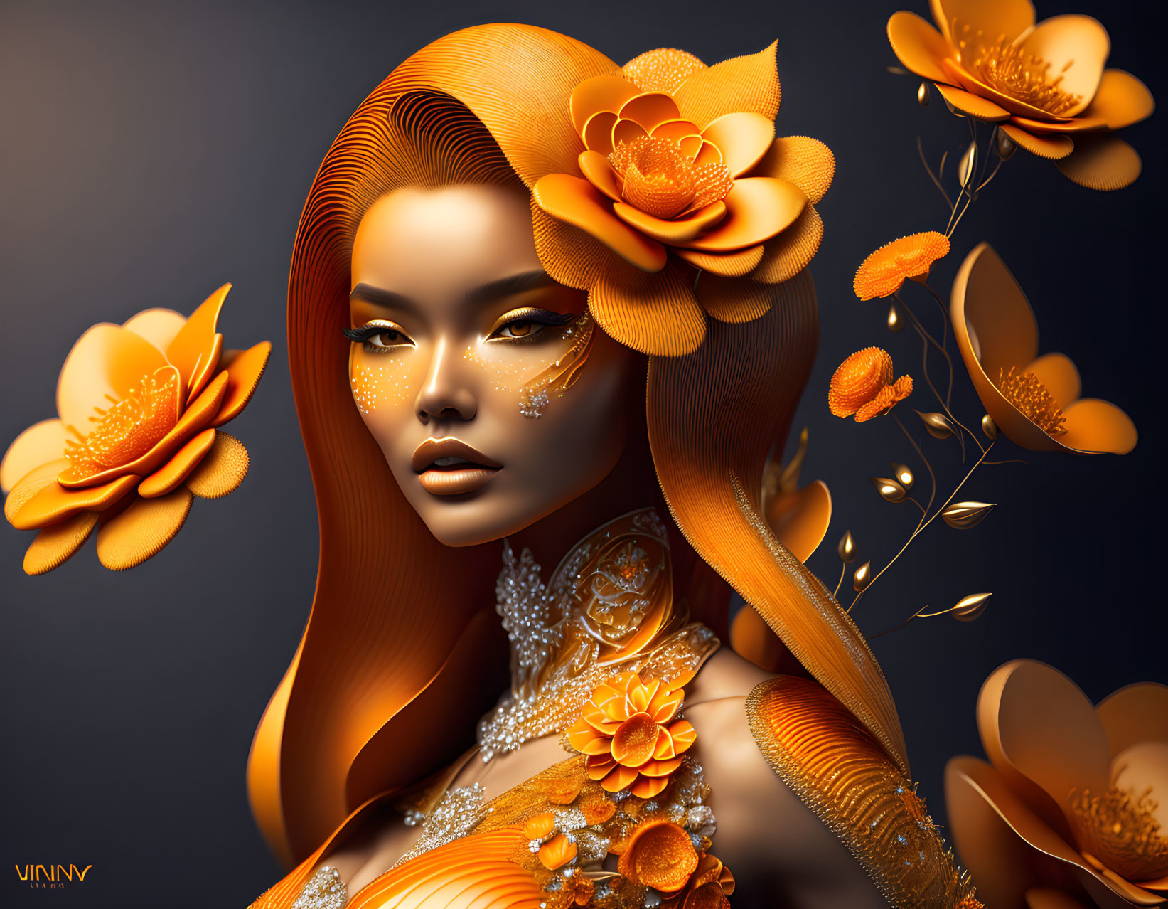 Digital portrait of woman with orange floral motifs on dark background