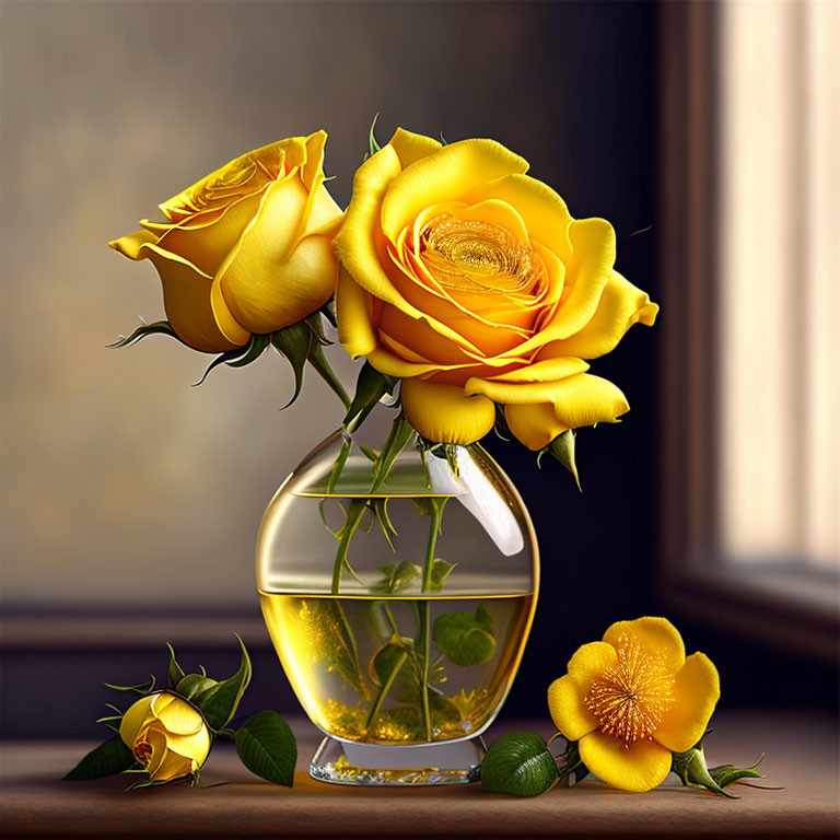 Three yellow roses in different stages of bloom in clear glass vase