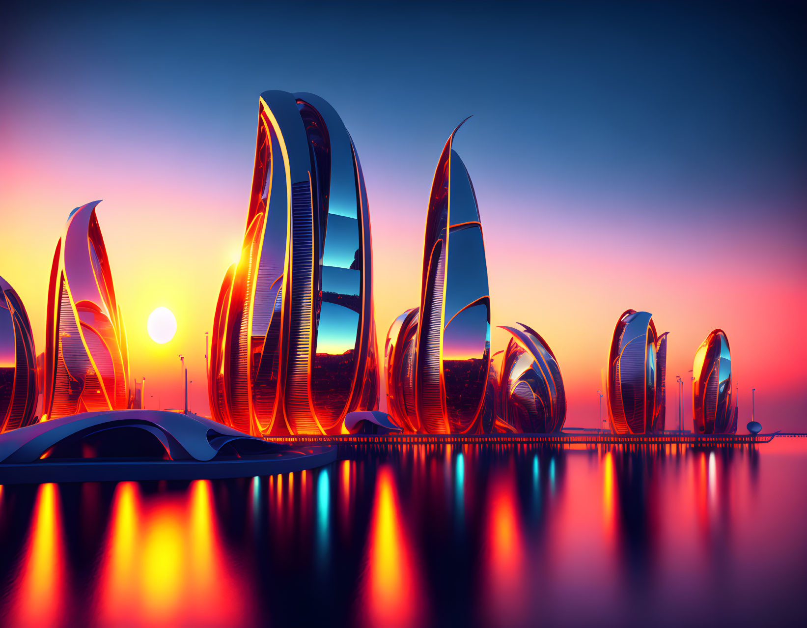 Futuristic Sunset Cityscape with Curved Buildings and Vibrant Sky