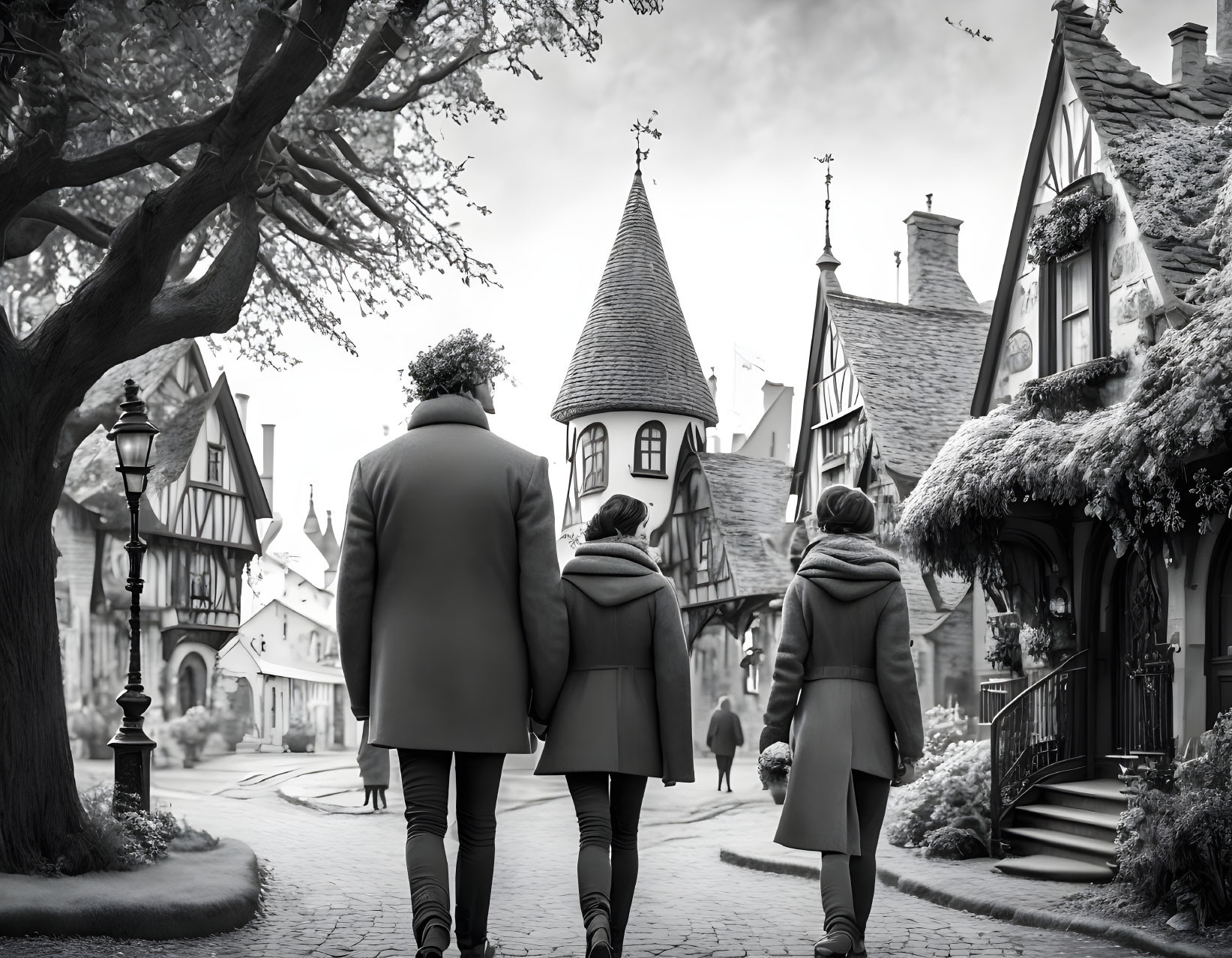 Three individuals strolling in a monochrome cityscape with vintage architecture and leafless trees.